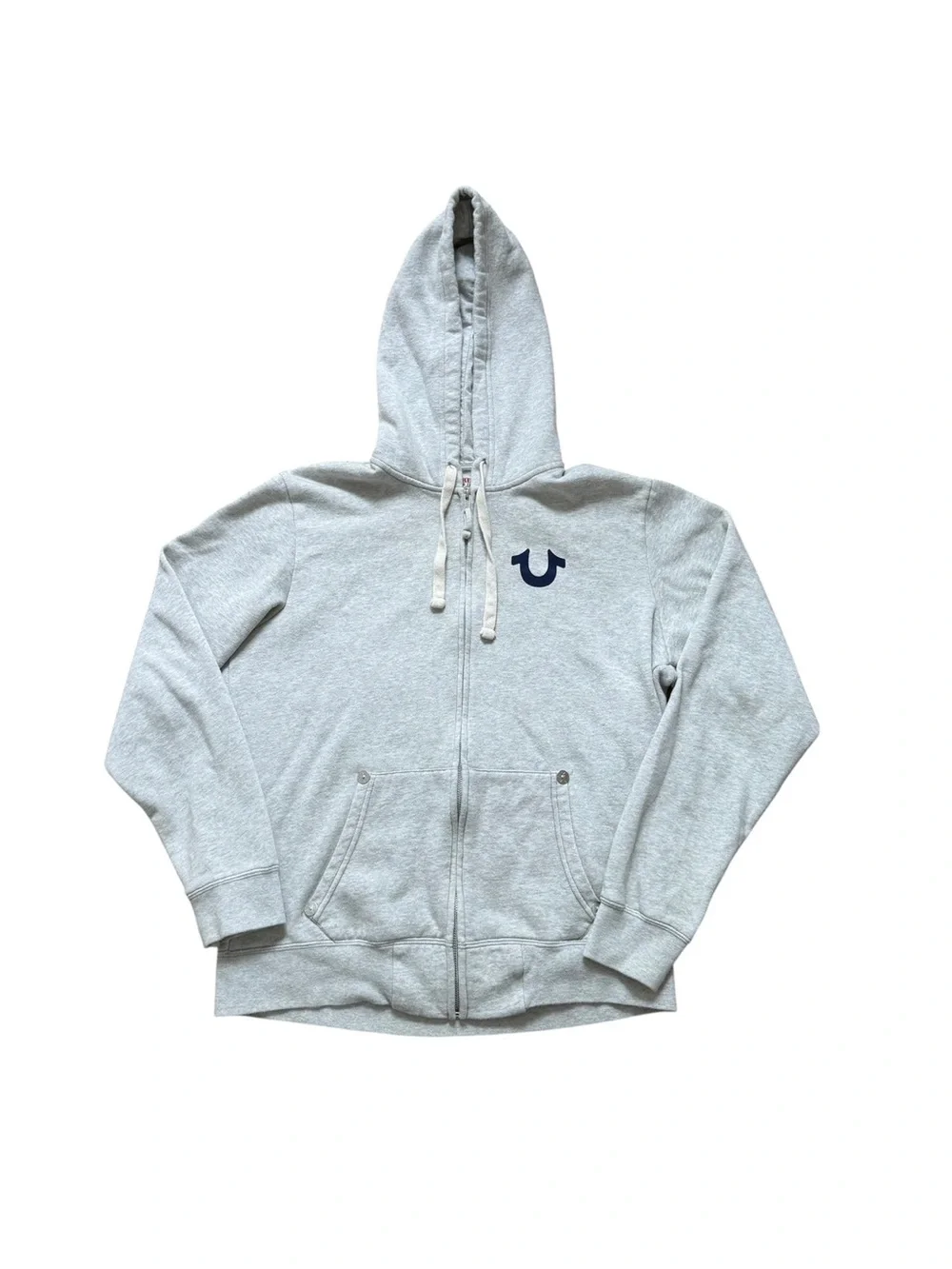 True Religion Buddha Logo Full Zip Up Hoodie Size Large Heather Gray Navy